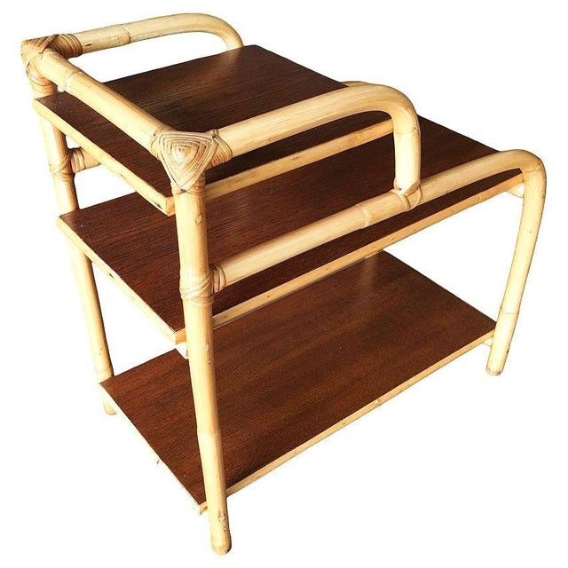 Wood Restored Mid-Century Rattan Side Lamp Table With Three-Tier Mahogany Tops For Sale - Image 7 of 7