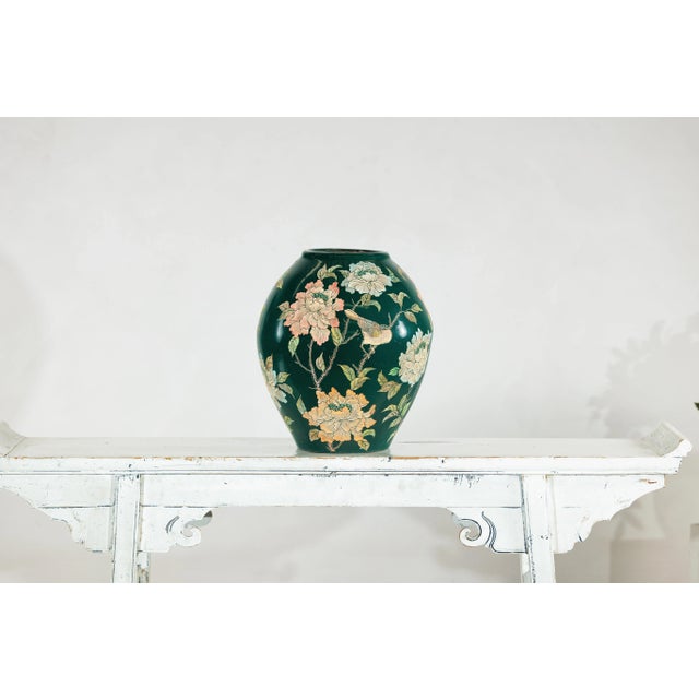 Ceramic Green Ceramic Vase with Birds, Butterflies, and Floral Decoration For Sale - Image 7 of 12