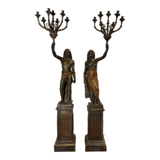 Monumental Pair of Toussaint Figural Candelabras in Patinated Bronze For Sale
