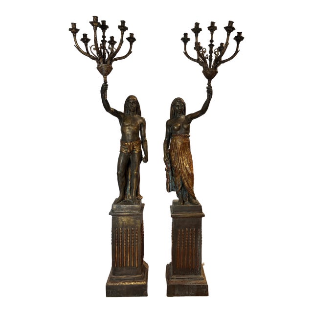 Monumental Pair of Toussaint Figural Candelabras in Patinated Bronze For Sale