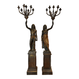 Monumental Pair of Toussaint Figural Candelabras in Patinated Bronze