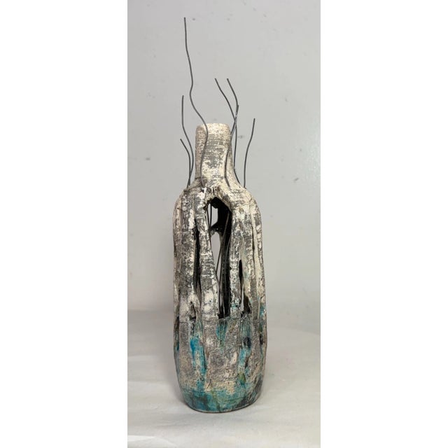 Bottle Green Vintage Signed Dierdre Handmade Brutalist Green Pottery Wire Vase Bottle Art For Sale - Image 8 of 14