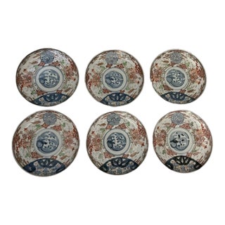Antique Colored Japanese Plates - 6 - Blue & White, Burgundy, Light Green and Gold For Sale