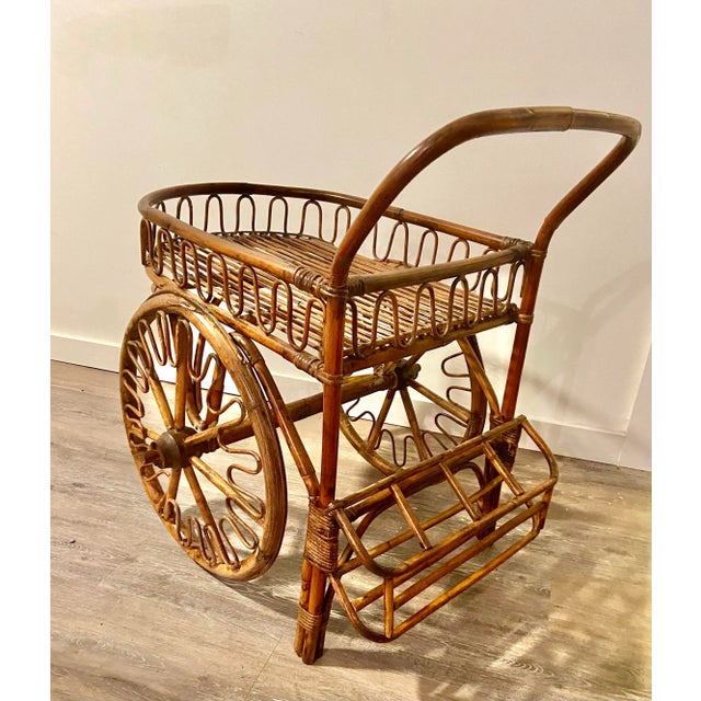 Chinoiserie French Riviera Rattan Bar Cart Audoux & Minet 1950s For Sale - Image 3 of 11