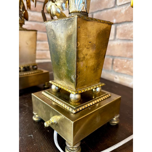 Hollywood Regency Pair of Mid-Century Italian Gilt Botanical Candelabra Lamps For Sale - Image 3 of 12