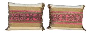 19th C. Italian Metal Thread Red Silk. Fragment Pillows - a Pair