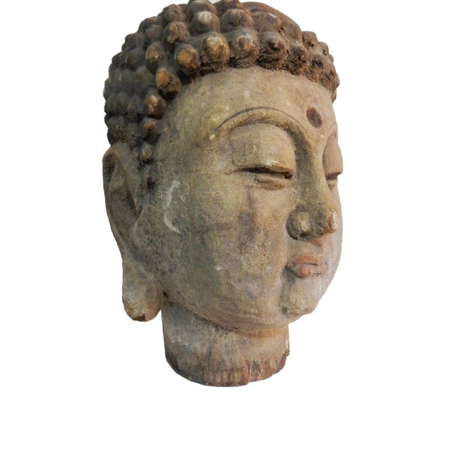 Lg Asian Carved Wood Gautama Buddha Head For Sale In New York - Image 6 of 10