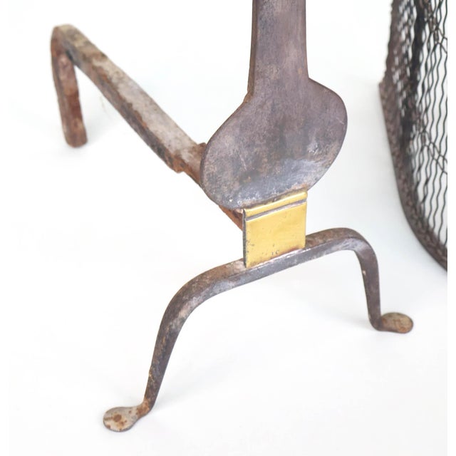 Early 19th Century Antique Federal Brass and Iron Fireplace Andirons and Fire Screen—Three Piece Set For Sale - Image 5 of 11