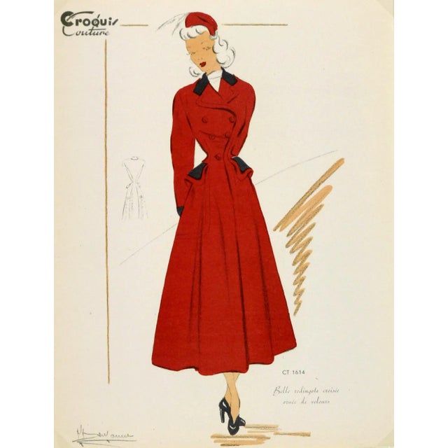 French Fashion Sketch - Red Velvet Couture For Sale