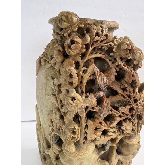 Mid 20th Century Chinese-Style Carved Soapstone Vase With Birds & Flowers For Sale In Orlando - Image 6 of 12
