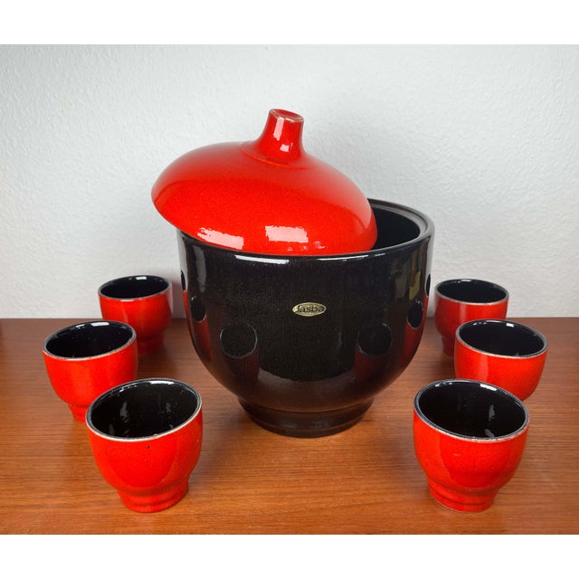 Mid-Century Modern West German Pottery Punch Bowl and Cups from Jasba, 1960s, Set of 7 For Sale - Image 17 of 18