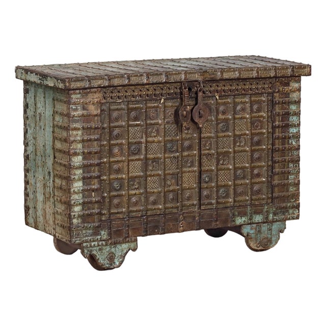 Antique Indian Painted Teakwood and Brass Pitara Chest Console For Sale