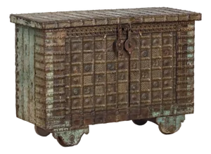 Antique Indian Painted Teakwood and Brass Pitara Chest Console