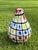 Striking vintage art glass vase featuring a bold graphic grid pattern with colorful red, blue, yellow, and lime-green...