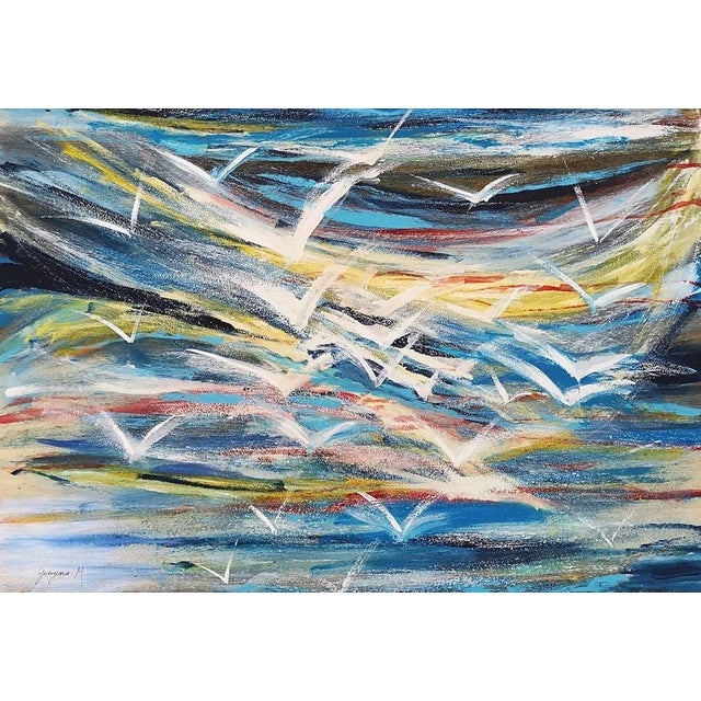 Flying Seagulls is an original contemporary artwork realized by the Belgian artist Martine Goeyens. Acrylic on plywood....