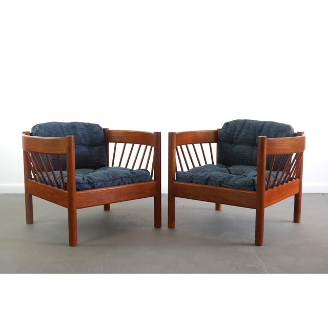 Baby Blue Jorgen Baekmark Spindle Barrel Chair Set of Two in Teak and Rich Blue For Sale - Image 8 of 8