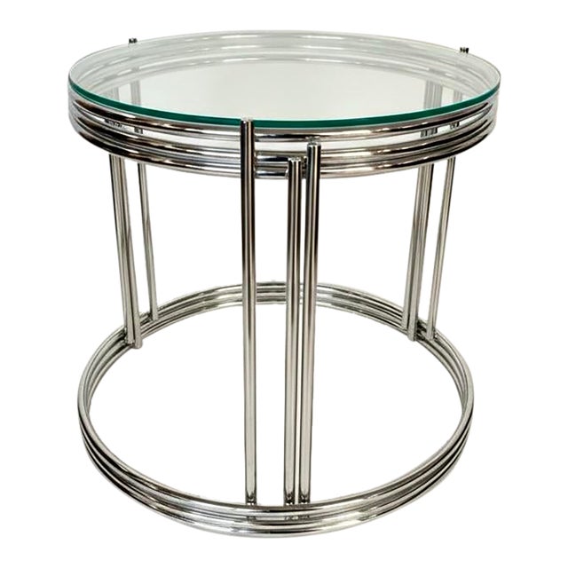Mid Century Milo Baughman Style Chrome and Glass End Table Modern Round Side For Sale