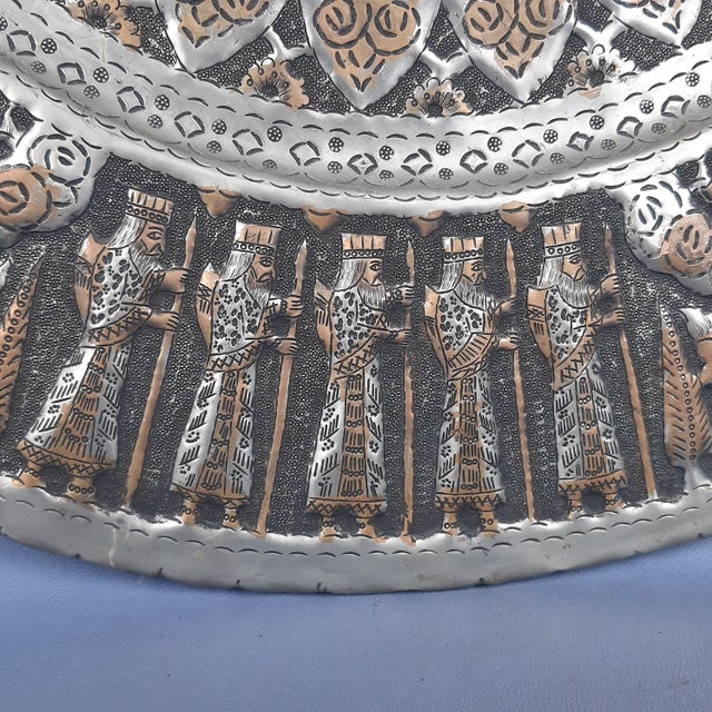 Persian Qalam Zani Chiseled Silvered Copper Wall Plate Art, 1900s For Sale - Image 6 of 13