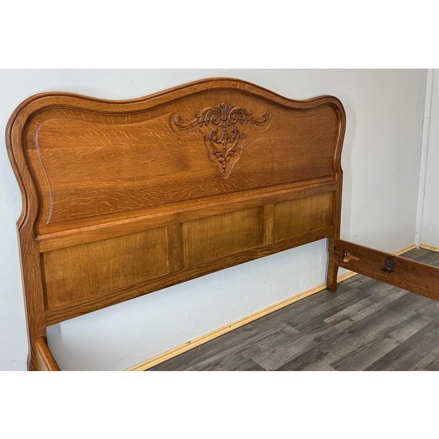 Brown Vintage French Louis XVI Style Double Bed Frame in Oak with Carved Headboard For Sale - Image 8 of 10