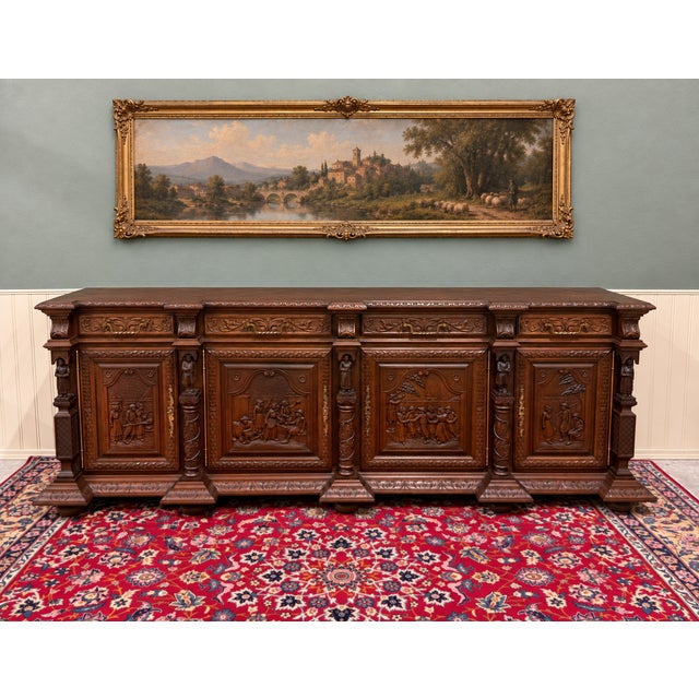 French Antique French Breton Large Carved Sideboard Server Entry Buffet Oak c.1900-20s For Sale - Image 3 of 18