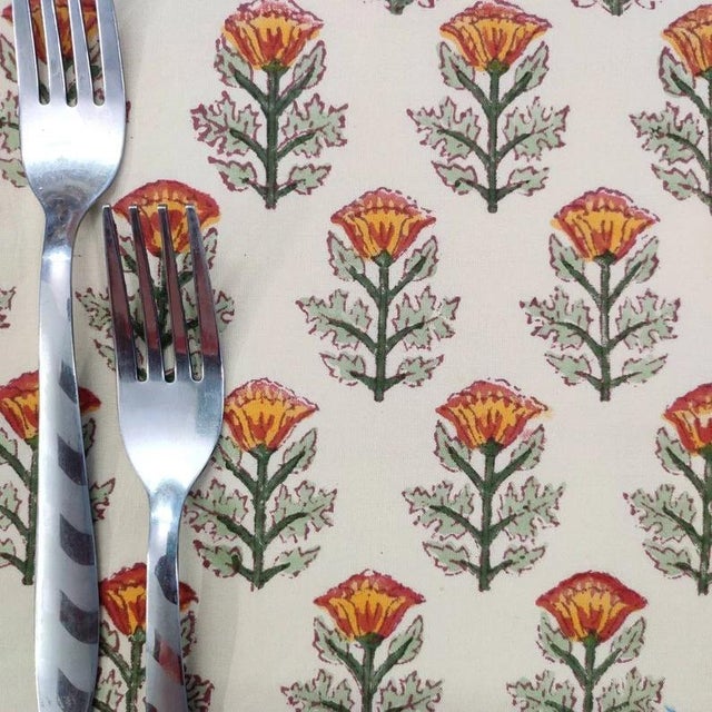 Textile Handmade Round Scalloped Autumn Floral Placemats, Cream with Dark Green Trim - Set of 4 For Sale - Image 7 of 9