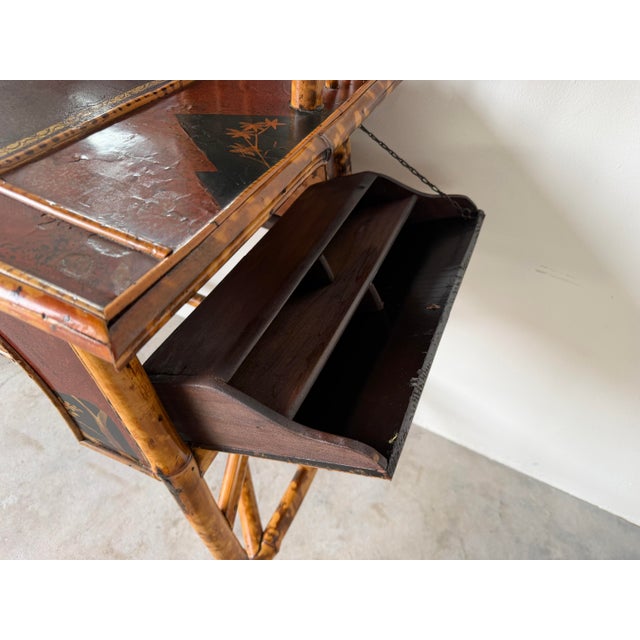 Wood 19th-Century English Aesthetic Movement Burnt Bamboo & Lacquer Writing Desk With Mirror For Sale - Image 7 of 17