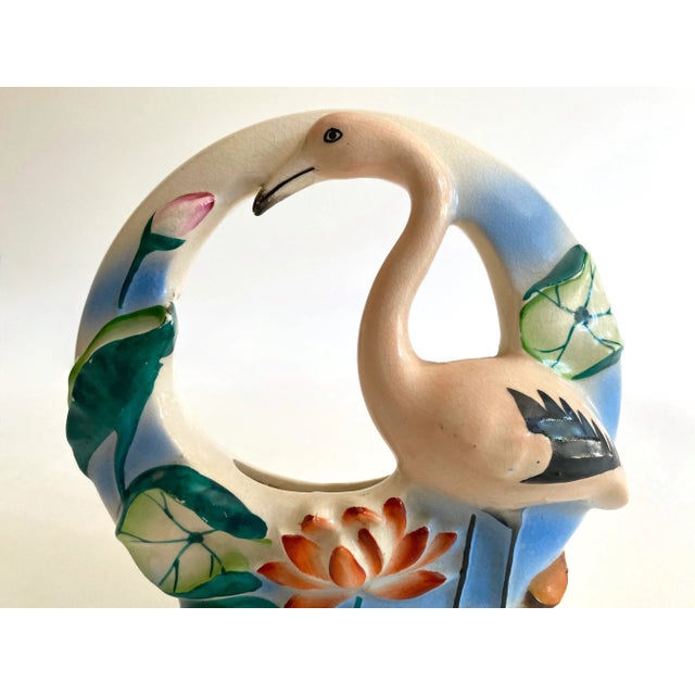 1940s Vintage Art Deco 1940's Japan Art Pottery Hand Painted Flamingo Bird Porcelain Wall Pocket Vase For Sale - Image 5 of 13