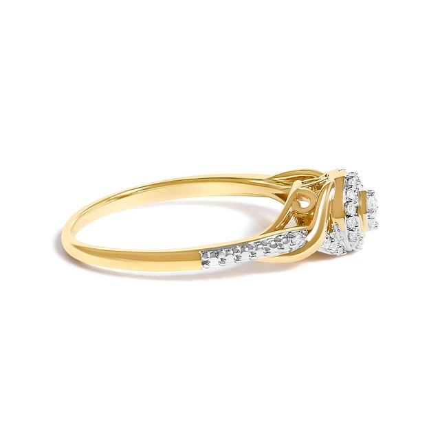 Envelop your promise in the celestial sparkle of this 10K yellow gold ring, where elegance swirls into a symphony of light...