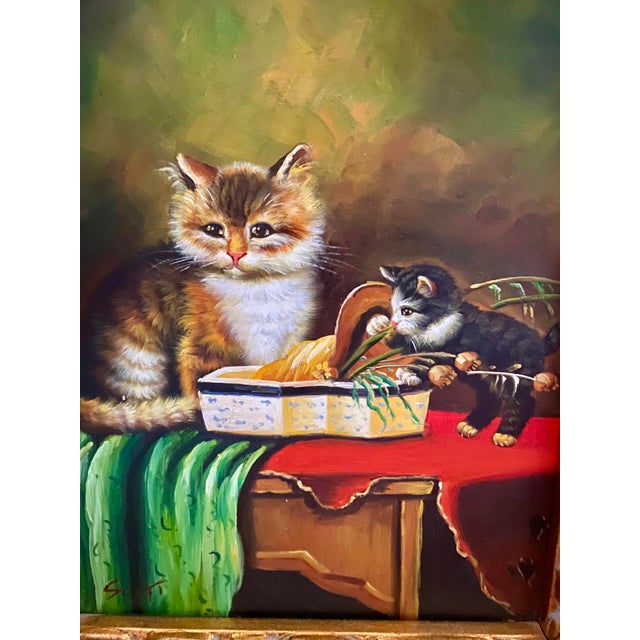 Mid 20th Century Oil on Board Painting of Playful Kittens - Signed 'Scott' (After Jules Leroy) in Ornate Gold Toned With Black Accent Frame. For Sale - Image 16 of 18