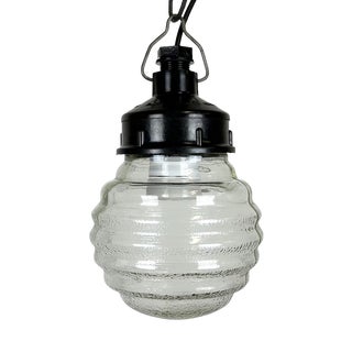 Industrial Bakelite Pendant Light with Ribbed Glass, 1970s For Sale