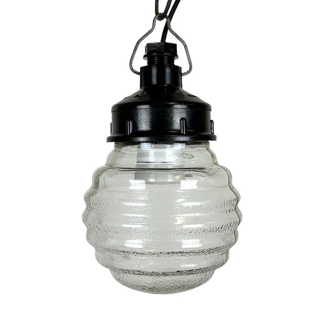 Industrial Bakelite Pendant Light with Ribbed Glass, 1970s For Sale
