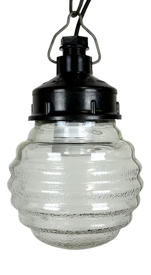 Industrial Bakelite Pendant Light with Ribbed Glass, 1970s