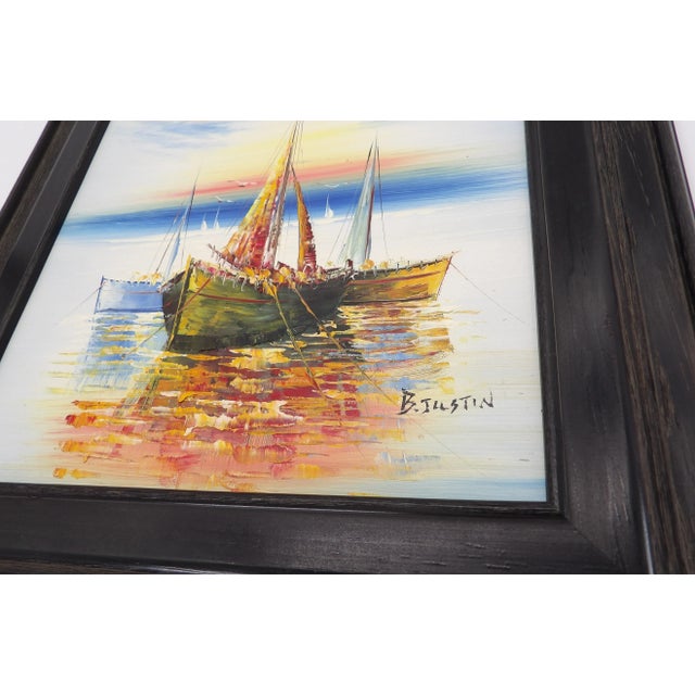 Blue Original Signed Impressionist Oil Painting Sailboat Sunset in Black Rustic Frame For Sale - Image 8 of 10