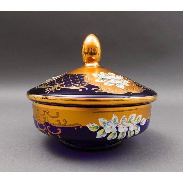 Mid 20th Century Mid 20th Century Egermann Czech Bohemian Cobalt Blue 24k Gold Enamel Lidded Bowl Dish Trinket Box For Sale - Image 5 of 9
