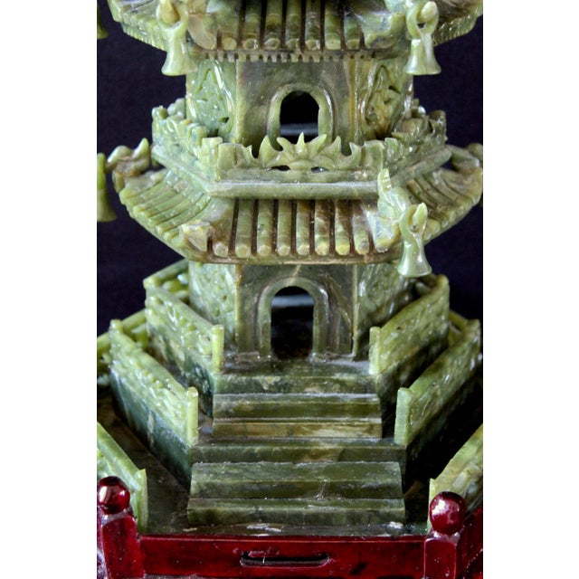 Vintage Chinese Jade Pagoda Sculpture – Hand-Carved Multi-Tier Celadon Green Temple Tower, Asian Feng Shui Decorative Stone Figurine on Red Wood Stand For Sale - Image 10 of 17