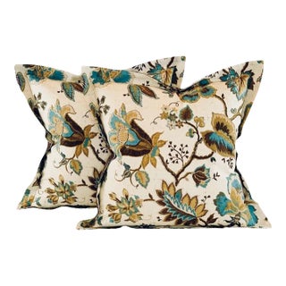 P Kaufmann Waverly Brown Cream Teal Tan Botanical Jacobean Leaf Vine 22" Pillow Covers- Pair For Sale