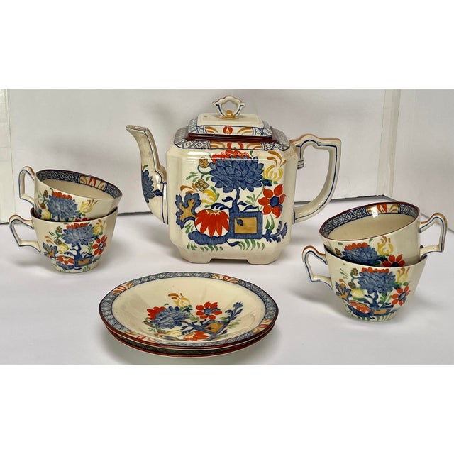 Shabby Chic 1880s Antique Mason’s English Ironstone “Jardiniere” Teapot, Cups and Saucers - Set of 7 - For Sale - Image 3 of 12