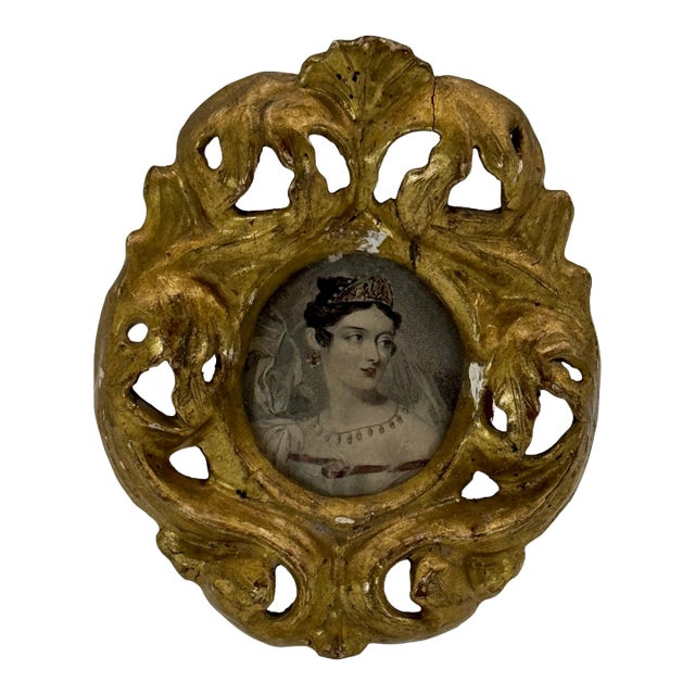Antique Gilt Carved Wood Frame With Portrait Insert — 3.5" W X 4" H For Sale