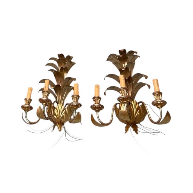Pair of Vintage Gilt Metal Pineapple Wall Sconces For Sale In West Palm - Image 6 of 12