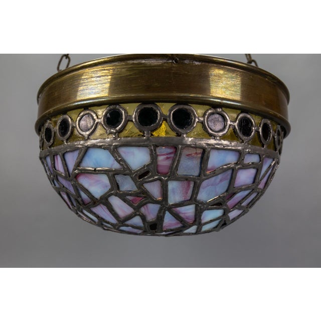 Art Nouveau French Blue and Violet Stained Glass Pendant Light, 1920s For Sale - Image 13 of 18