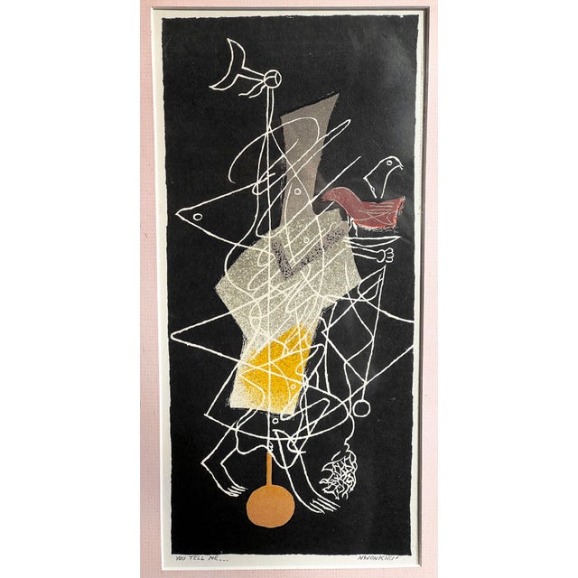 This visually striking serigraph print features an intricate web of white linear forms, geometric shapes, and surreal...