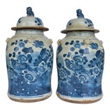 Chinoiserie White & Blue Baluster Temple With Birds / Ginger Jars - a Pair For Sale