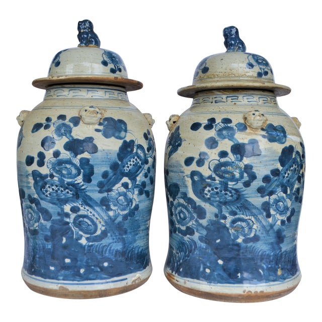Chinoiserie White & Blue Baluster Temple With Birds / Ginger Jars - a Pair For Sale