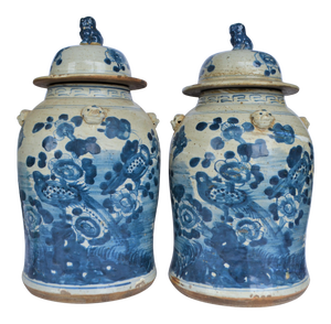 Chinoiserie White & Blue Baluster Temple With Birds / Ginger Jars - a Pair