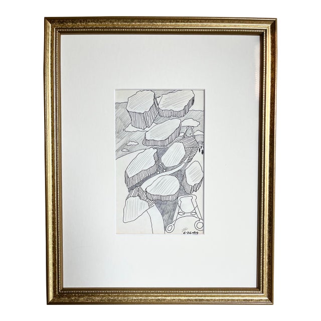 Vintage Modernist Abstract Landscape Drawing by Jewel Vintage Modernist Abstract Drawing by Jewel Haley For Sale