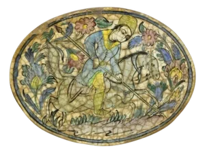 Antique Persian Iznik Qajar Style Ceramic Pottery Blue Oval Horse Rider Tile C3