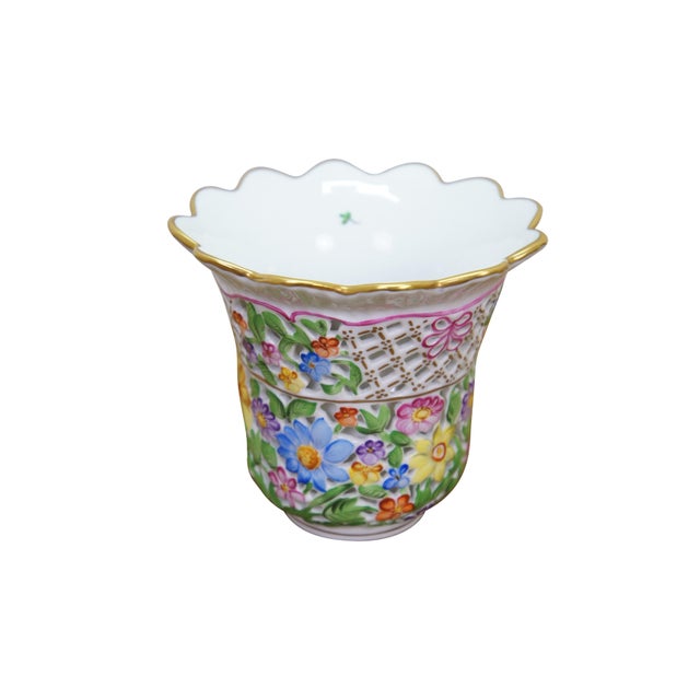 This exquisite, vintage Herend Hungary fine porcelain openwork vase is a masterclass in delicate craftsmanship, featuring...