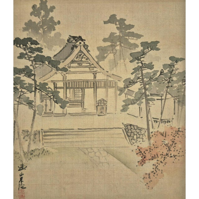 Japanese Set of 4 Antique Japanese Paintings of Temples and Landscapes – Newly Framed For Sale - Image 3 of 9