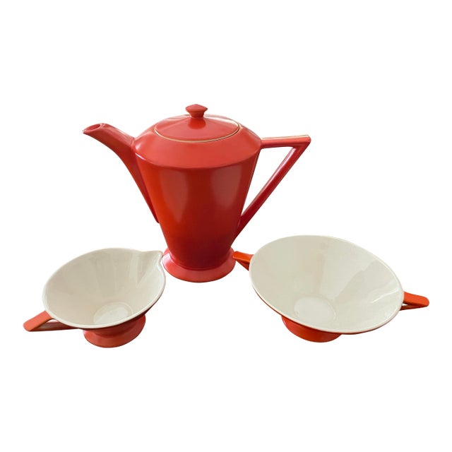 1920s Art Deco Salem Tricorne Streamline Mandarin Orange Coffee Pot, Open Sugar Bowl, Creamer - Set of 3 For Sale
