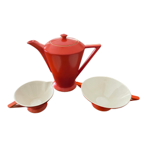 1920s Art Deco Salem Tricorne Streamline Mandarin Orange Coffee Pot, Open Sugar Bowl, Creamer - Set of 3